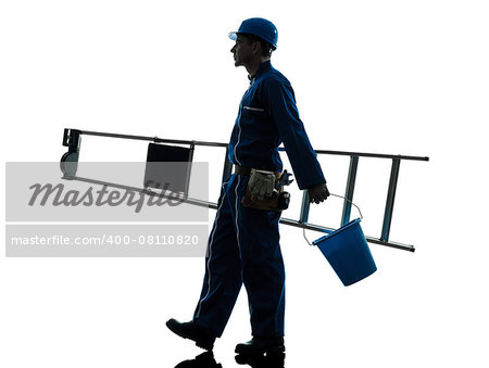 one  repairman worker ladder walking silhouette in studio on white background