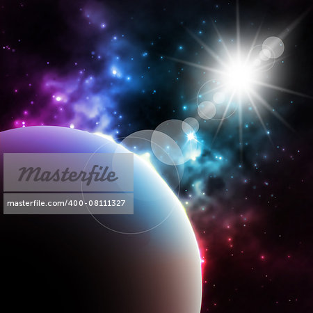 Photorealistic Galaxy background with planet and shining sun.  illustration.