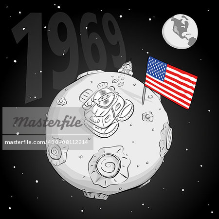 astronaut on the moon came out of the rocket, raised the flag and looking at the stars. EPS 10