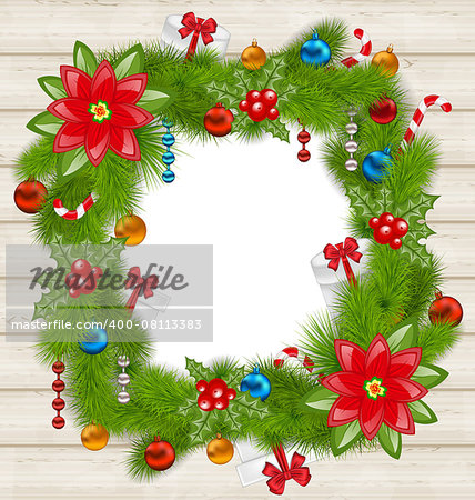 Illustration Christmas frame with traditional elements on wooden background - vector