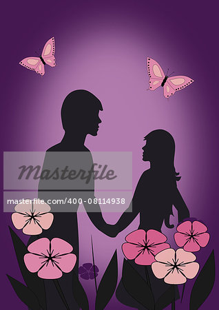 The silhouettes of a couple standing together behind flowers.