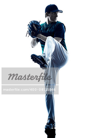 one caucasian man baseball player playing  in studio  silhouette isolated on white background