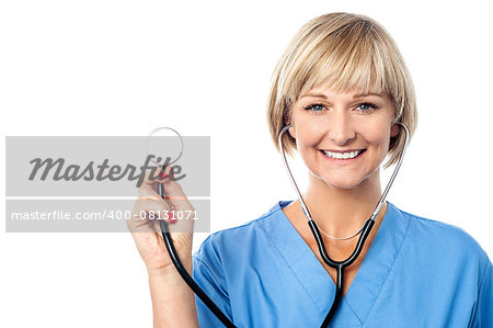 Smiling female doctor showing his stethoscope