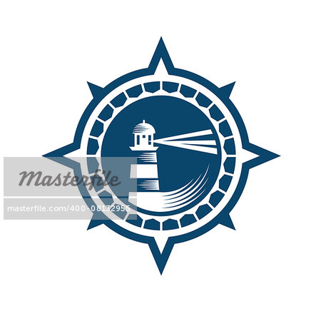 Lighthouse emblem in retro style, blue on the white background