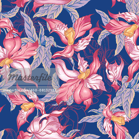 Beautiful Vintage Tropical Seamless Background with Exotic Flowers, Vector illustration