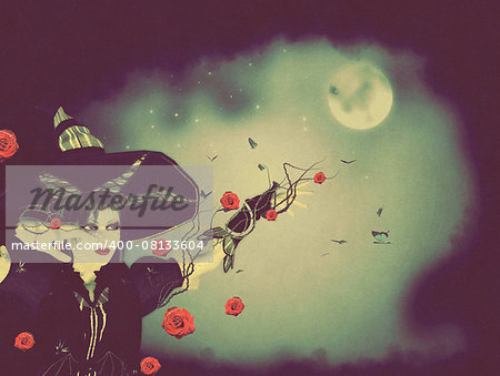 Halloween background with witch woman conjuring at night.
