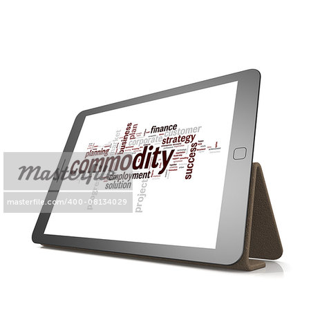 Commodity word cloud on tablet image with hi-res rendered artwork that could be used for any graphic design.