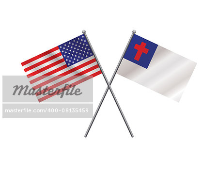 An illustration of crossed American flag and Christian faith flag on metal flagpoles. Vector EPS 10 available.