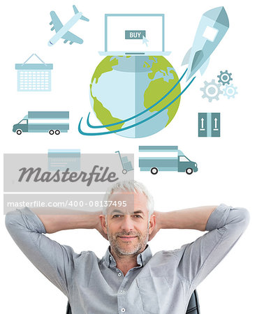 Relaxed mature businessman with hands behind head against logistics graphic