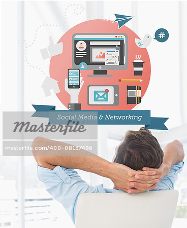 Rear view of a casual man resting with hands behind head in office against social media graphics