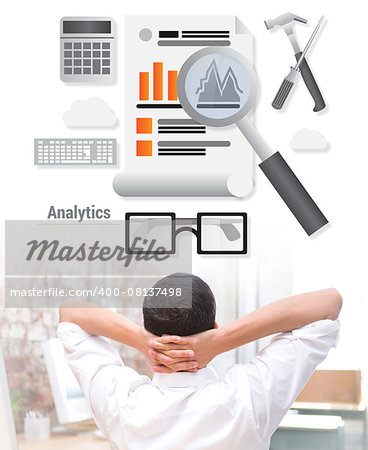 Businessman with hands behind head at desk against business analytics