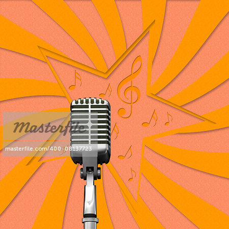 Illustration of vintage microphone on music stars recycled paper craft backgrund.
