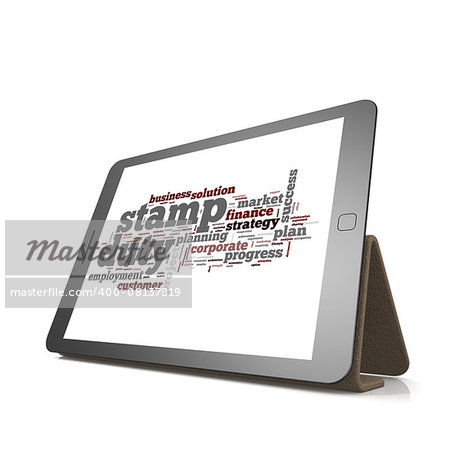 Stamp duty word cloud on tablet image with hi-res rendered artwork that could be used for any graphic design.