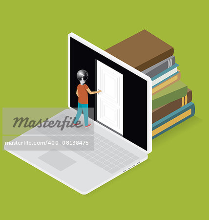 Knowledge Concept. Door to the knowledge. Vector 3d flat isometric with student is opening the door