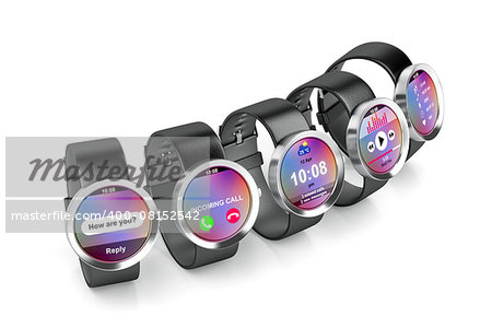 Group of smartwatches with different interfaces