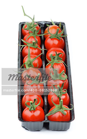 Perfect Ripe Cherry Tomatoes with Stems in Black Plastic Container isolated on white background. Focus on Foreground