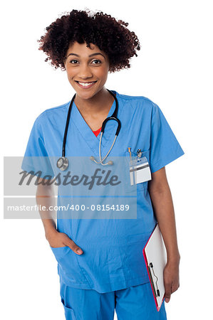 Portrait of a young medical doctor woman with stethoscope around her neck.