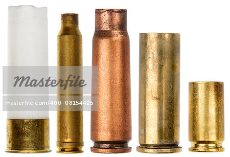 Set of empty bullet cartridges isolated on white background