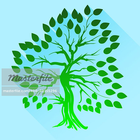 Green Tree Silhouette Isolated on Blue Background.
