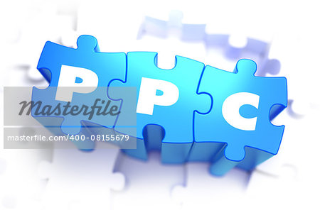 PPC - Text on Blue Puzzles on White Background. 3D Render.