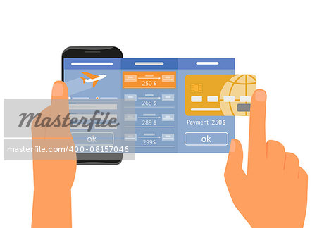Human hand holds smartphone with mobile app for booking air passage. Text outlined