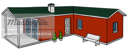 Hand drawing of a red low family house