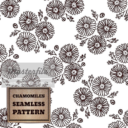 Seamless pattern with bouquet of chamomiles and cardboard label