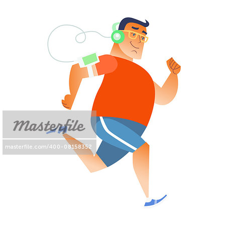 Fat man does running and listening to music in the player and headphones. Sports and fitness