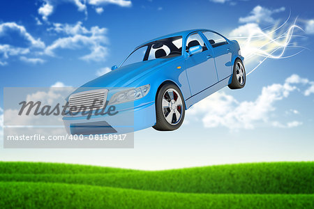 Flying blue car on nature background with green field