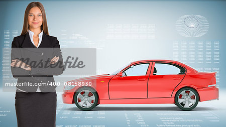 Businesslady with red car looking at camera on abstract blue background