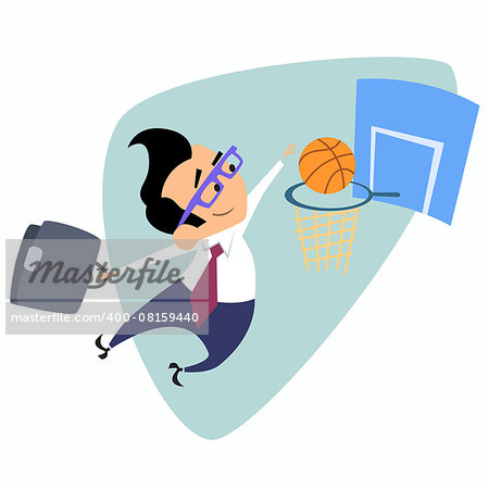 Businessman throws a basketball into the basket. The image of business as a sport. Businessman in sports situations