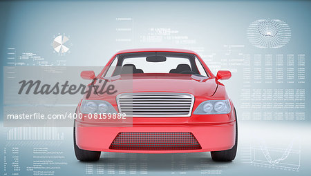 Red car on abstract blue background, front view