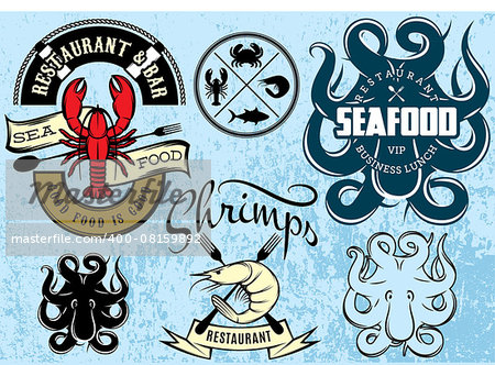 set of vector patterns with lobster, octopus, shrimp for logo design seafood