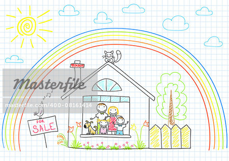 Happy family in new house. Sketch on notebook page