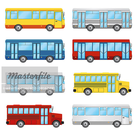 Set of buses on the white background. Public transport, tourism, school bus. Also available as a Vector in Adobe illustrator EPS 8 format, compressed in a zip file.