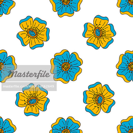 Vector floral colorful seamless pattern with hand drawn doodle elements. Hand drawn flowers. Background for textile, cards, wrapping paper or poster.