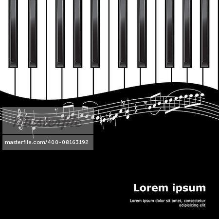 Vector piano on black  background with flying notes