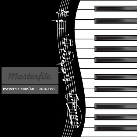Template with piano keyboard with notes on black background. Vector illustration