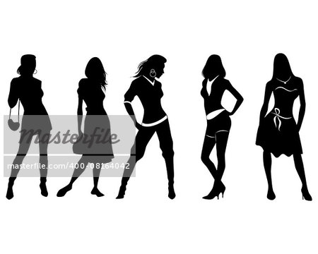 Vector illustration of a five girls silhouettes