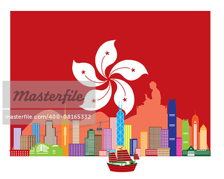 Hong Kong City Skyline and Big Buddha Statue Panorama in Hong Kong Flag Background Color Illustration