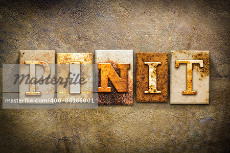 The word "PIN IT" written in rusty metal letterpress type on an old aged leather background.