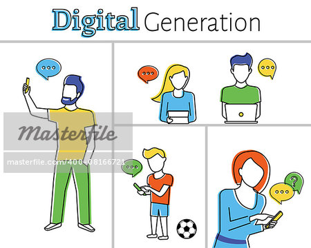Flat contour illustration of people using smartphones, laptops and tablet pc. Line thickness fully editable