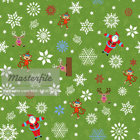 Christmas seamless vector pattern with Santa Claus, reindeer, monkey and many snowflakes on a green background with winter motive