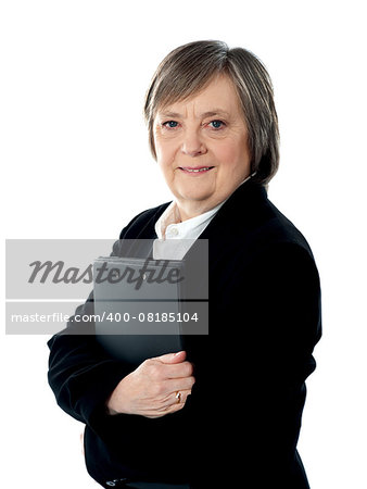 Business woman holding important documents isolated against white background