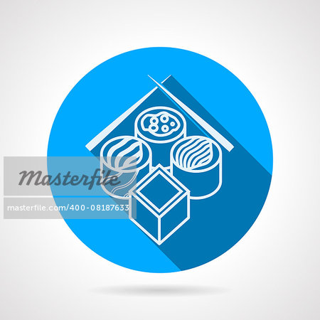 Flat blue round vector icon with white contour sushi rolls with chopsticks on gray background.