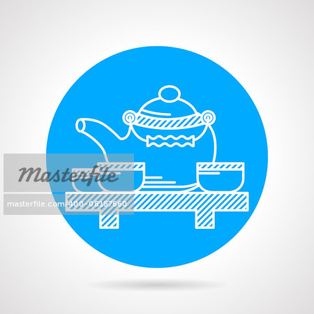 Flat round blue vector icon with white line set for tea ceremony on gray background.
