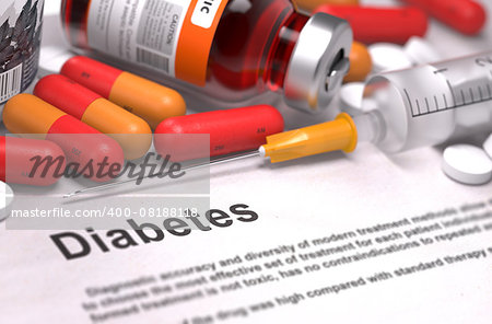 Diagnosis - Diabetes. Medical Concept with Red Pills, Injections and Syringe. Selective Focus. 3D Render.