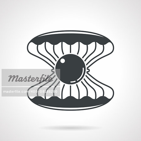 Black vector icon for open scallop with gem on white background.
