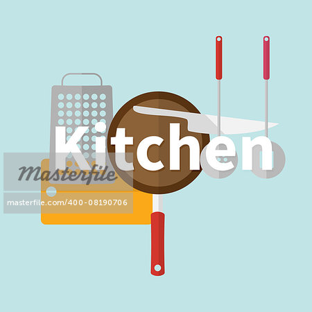 Logo concept with text of kitchen utensils. Flat design vector illustration