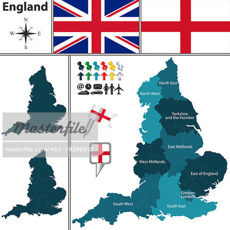 Vector map of England with regions and flags